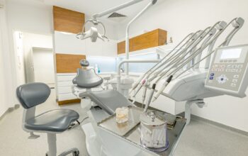 Stomatology concept, interior of new modern dental clinic office with chair. Dental equipment